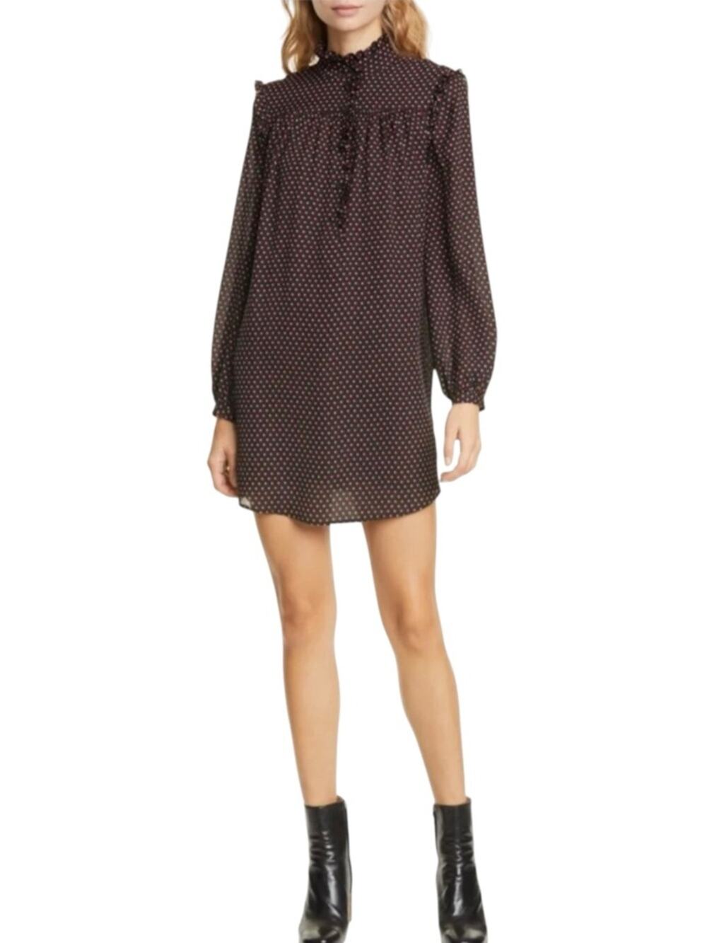 FRAME Party Heart Silk Long-Sleeve Black Heart Print Mini Dress SMALL